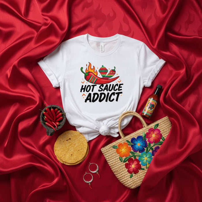 Hot Sauce Addict T-Shirt Spicy Chili Pepper Graphic Tee Food Lover Gift Cinco de Mayo Shirt Mexican Fiesta Unisex Cotton Top Mexicada