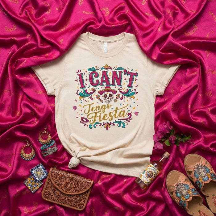 I Can't Tengo Fiesta T-Shirt Unisex, Funny Spanish English Text Skull Sombrero Design Tee, Mexico Celebration Party Gift Shirt, Day of the Dead Themed Apparel Mexicada
