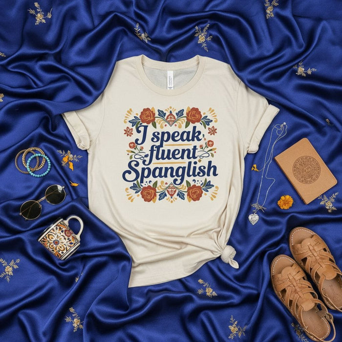 I speak fluent Spanglish T-shirt, Funny Bilingual Shirt, Spanish English Mix Language Tee, Floral Design, Gift for Latinx Heritage, Unisex Mexicada