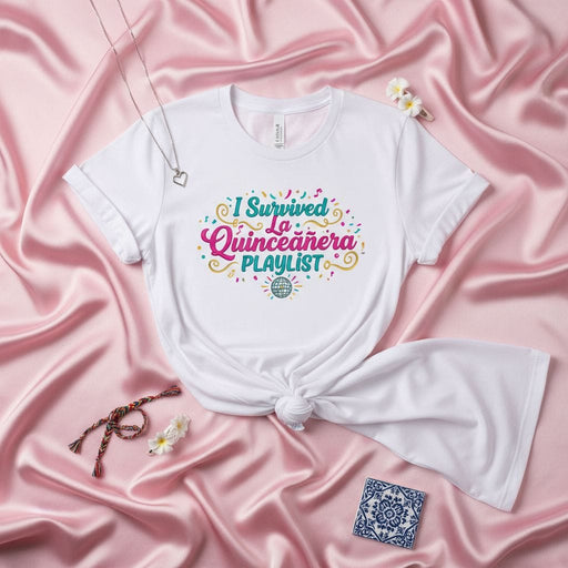 I Survived La Quinceañera Playlist T-Shirt, Quinceanera Party Shirt, Latina Birthday Tee, Funny Quince Guest Gift, Mis Quince Fiesta Celebration Top, Unisex Adult Short Sleeve Shirt Mexicada