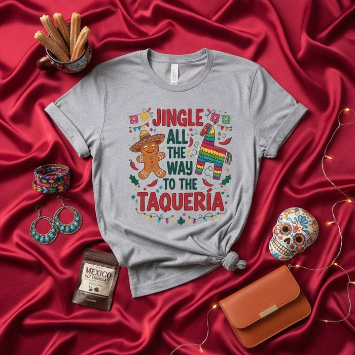 Jingle All The Way To The Taquería Shirt, Funny Christmas Gingerbread Man Sombrero Piñata Mexican Food T-Shirt, Holiday Party Gift for Taco Lovers, Unisex Graphic Tee Mexicada