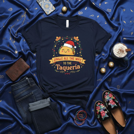 Jingle All The Way To The Taquería Shirt, Funny Christmas Taco T-Shirt, Cute Holiday Food Pun Tee, Festive Sombrero Lights Santa Hat Graphic Top, Mexican Food Lover Gift Idea Mexicada