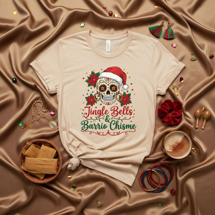 Jingle Bells & Barrio Chisme Christmas Sugar Skull T-Shirt with Santa Hat, Poinsettias, and Mexican-Inspired Dia de Muertos Design, Holiday Tamale Season Unisex Tee Mexicada