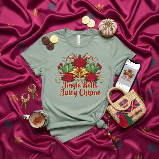 Jingle Bells, Juicy Chisme T-Shirt: Funny Mexican Christmas Poinsettia Cactus Bells Graphic Tee, Holiday Spanglish Gossip Shirt, Navidad Gift Idea for Her/Him, Unisex Slogan T-Shirt Mexicada