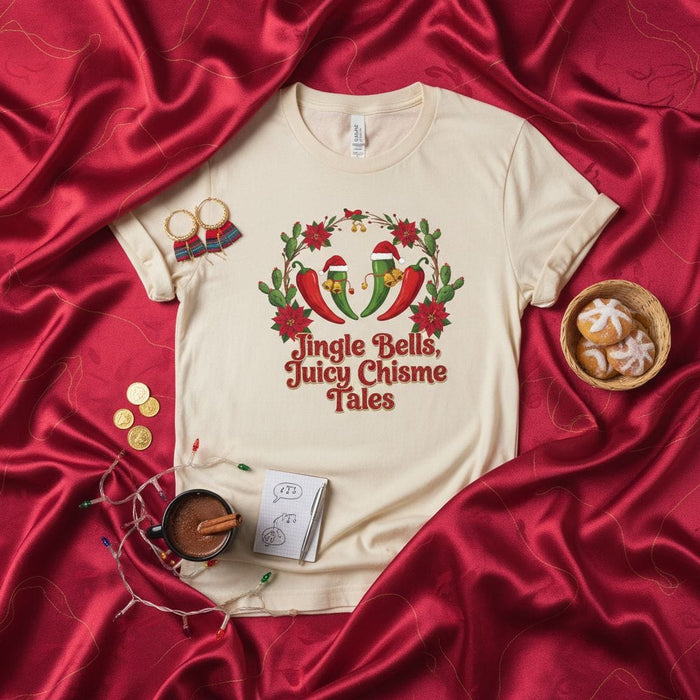 Jingle Bells, Juicy Chisme Tales Christmas T-Shirt, Funny Holiday Fiesta Tee with Chiles and Poinsettias, Unisex Latinx/Hispanic Xmas Apparel, Seasonal Graphic Shirt Gift Mexicada
