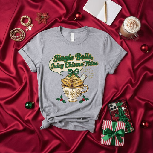 Jingle Bells Juicy Chisme Tales Christmas T-Shirt, Funny Holiday Gossip Tee, Navidad Cup of Tea Design, Unisex Festive Shirt Gift Idea Mexicada