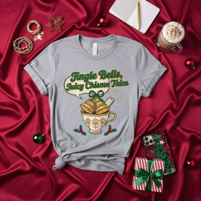 Jingle Bells Juicy Chisme Tales Christmas T-Shirt, Funny Holiday Gossip Tee, Navidad Cup of Tea Design, Unisex Festive Shirt Gift Idea Mexicada