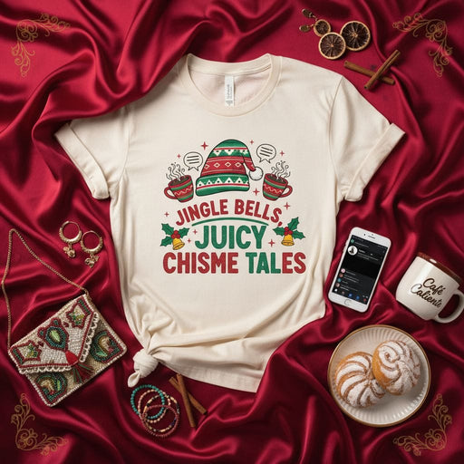 Jingle Bells Juicy Chisme Tales T-Shirt: Christmas Holiday Tee, Funny Spanish Gossip Shirt, Unisex Graphic Tee, Latina Gift Idea with Santa Hat & Mugs Mexicada