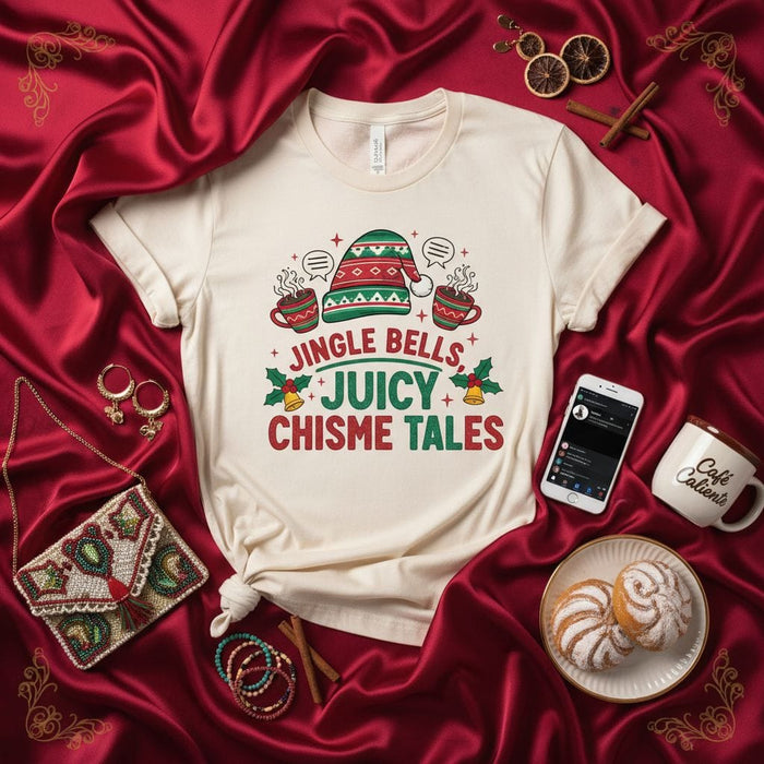 Jingle Bells Juicy Chisme Tales T-Shirt: Christmas Holiday Tee, Funny Spanish Gossip Shirt, Unisex Graphic Tee, Latina Gift Idea with Santa Hat & Mugs Mexicada