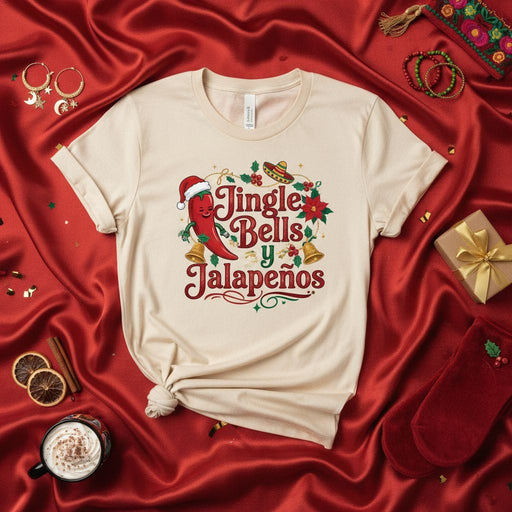 Jingle Bells y Jalapeños Christmas T-Shirt, Funny Holiday Pepper Santa Hat Tee, Spanglish Fiesta Gift for Spicy Food Lovers, Unisex Adult Shirt Mexicada