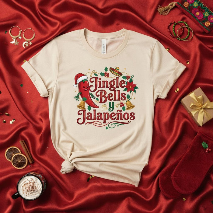 Jingle Bells y Jalapeños Christmas T-Shirt, Funny Holiday Pepper Santa Hat Tee, Spanglish Fiesta Gift for Spicy Food Lovers, Unisex Adult Shirt Mexicada