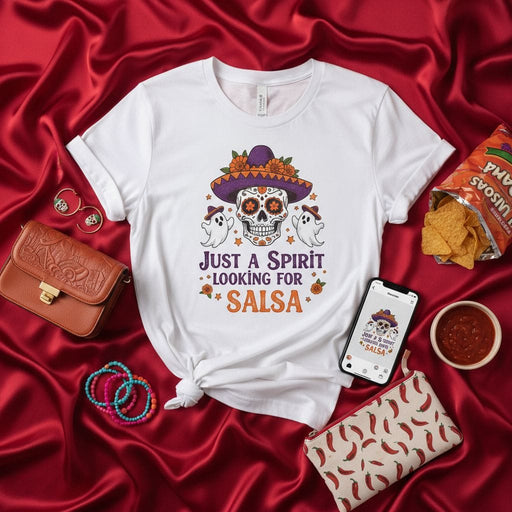 Just a Spirit Looking for Salsa T-Shirt, Day of the Dead Sugar Skull with Sombrero and Ghosts Tee, Halloween Party Unisex Graphic Shirt, Spooky Funny Cinco de Mayo Apparel Mexicada