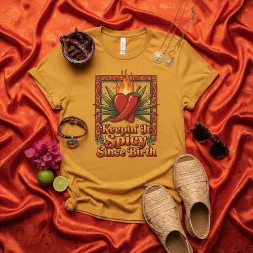 Keepin' It Spicy Since Birth T-Shirt, Hot Chile Pepper Heart and Fire Graphic Tee, Funny Slogan Shirt, Unisex Gold Spice Color Top, Mexican Heritage Inspired Design, Fiesta Wear, Gift for Chili Lover Mexicada