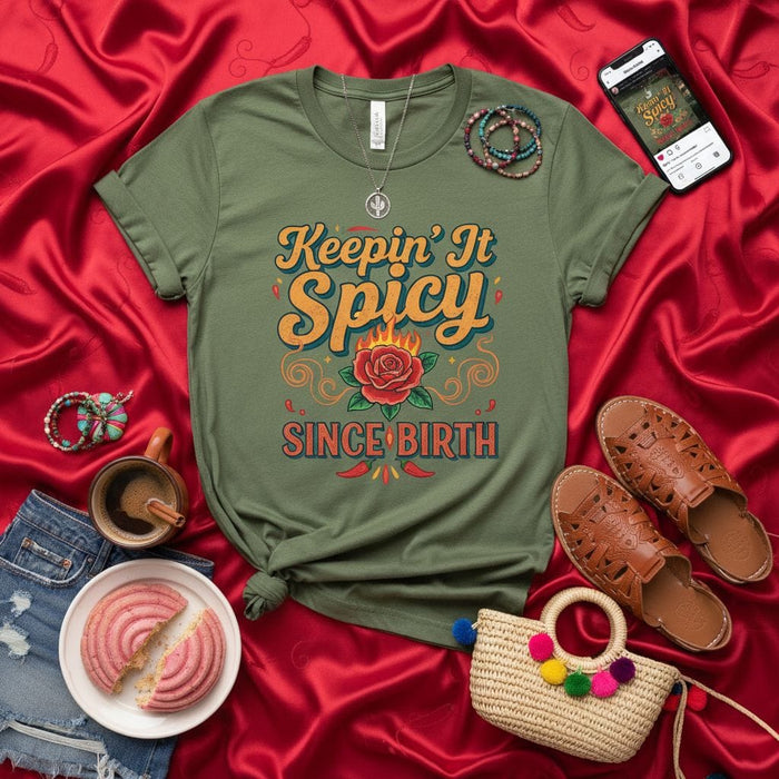 Keepin' It Spicy Since Birth T-Shirt, Hot Chili Pepper Rose Tee, Funny Retro Style Graphic Shirt, Mexican Culture Inspired Gift, Unisex Viva La Vida Clothing Mexicada