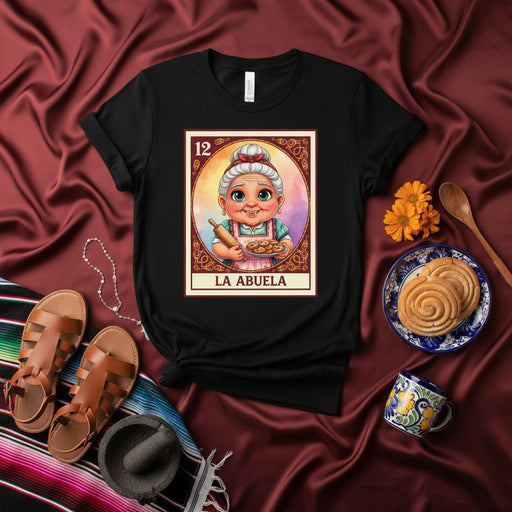 LA ABUELA Funny Mexican Bingo Card T-Shirt | Cute Grandma with Rolling Pin and Cookies Tee | La Lotería Game Day Apparel for Abuelita Gift, Hispanic Heritage Month, Mexican Culture Celebration, Women's/Men's Top Mexicada