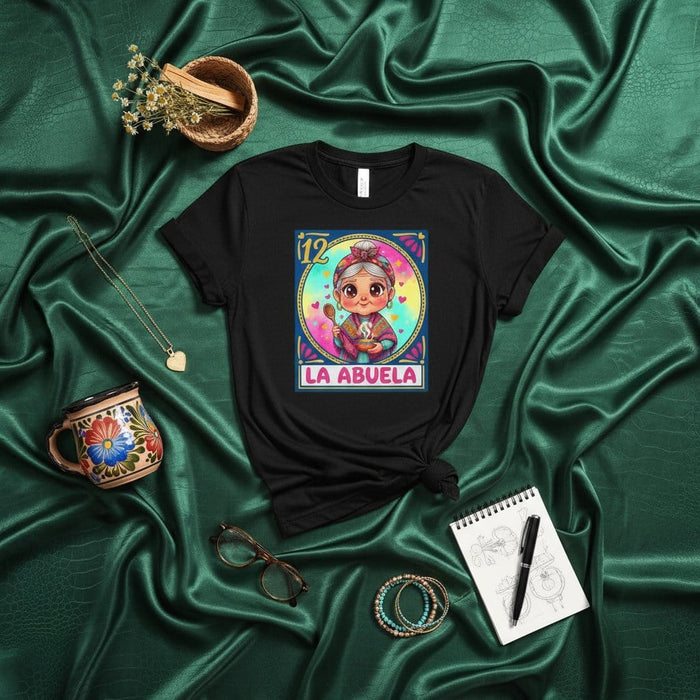 LA ABUELA La Loteria Card T-Shirt: Number 12 Mexican Bingo Grandmother Abuela Unisex Tee with Colorful Digital Art Print for Grandparents Day Gift Mexicada
