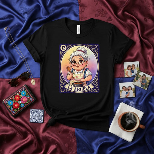 LA ABUELA Loteria Card T-Shirt - Cute Cartoon Granny Cooking, Funny Mexican Bingo Game Tee, Hispanic Heritage Gift for Grandmother Mexicada