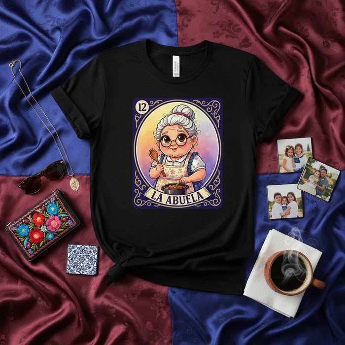 LA ABUELA Loteria Card T-Shirt - Cute Cartoon Granny Cooking, Funny Mexican Bingo Game Tee, Hispanic Heritage Gift for Grandmother Mexicada
