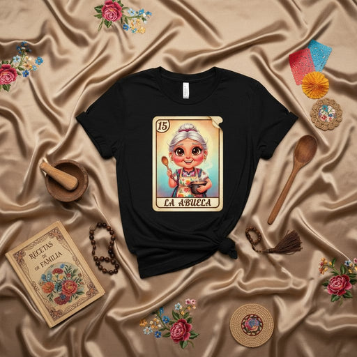 LA ABUELA Vintage Loteria Card T-Shirt, Mexican Bingo Grandma Recipe Shirt, Hispanic Culture Gift, Family Cookbook Apparel, Cute Graphic Tee Mexicada
