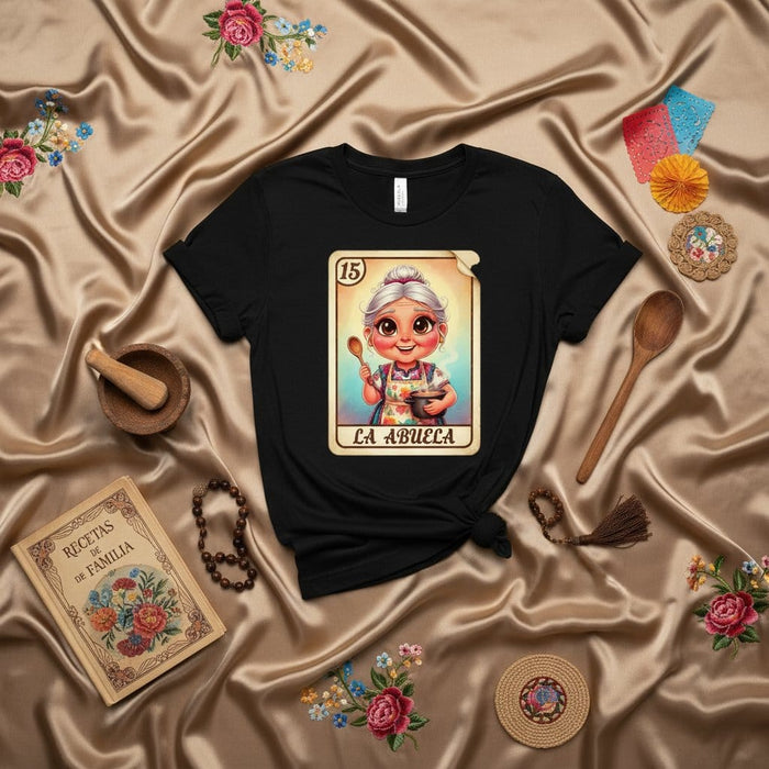 LA ABUELA Vintage Loteria Card T-Shirt, Mexican Bingo Grandma Recipe Shirt, Hispanic Culture Gift, Family Cookbook Apparel, Cute Graphic Tee Mexicada