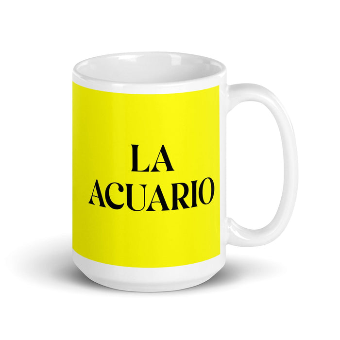 La Acuario The Aquarius Funny Home Office Work Coffee Mug Mexican Spanish Pride Gift White Glossy Cup Yellow Card Mug Mexicada 15 oz