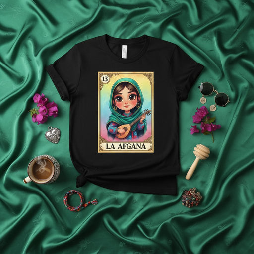 LA AFGANA Afghan Girl Lotería Card 13 Unisex T-Shirt - Cute Cartoon Woman Playing Music Instrument Tee Shirt Gift Mexicada