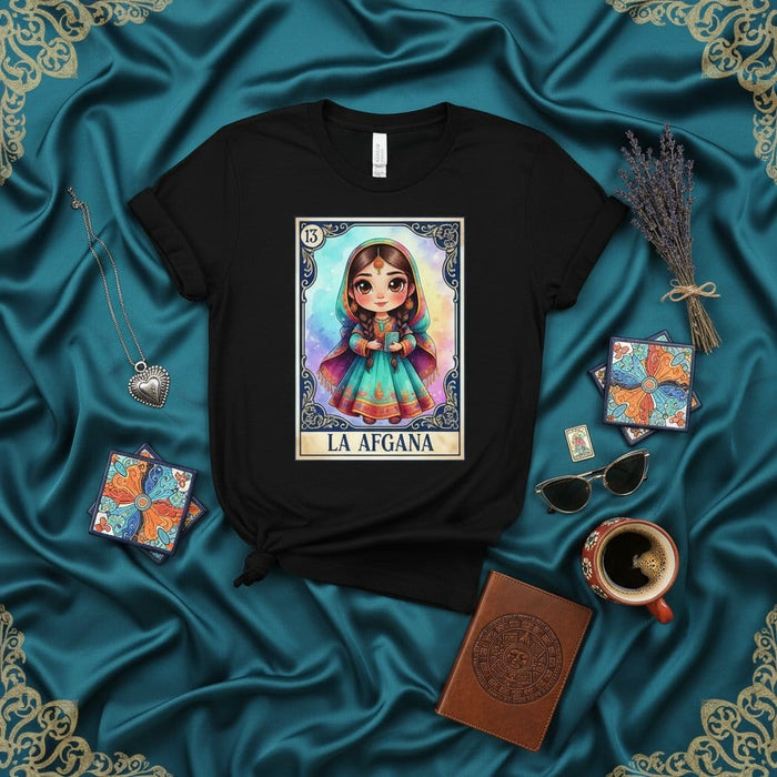LA AFGANA Afghan Girl Loteria Card T-Shirt Cute Kawaii Cartoon Design Mexican Bingo Style Unisex Tee Gift for Her or Him Mexicada