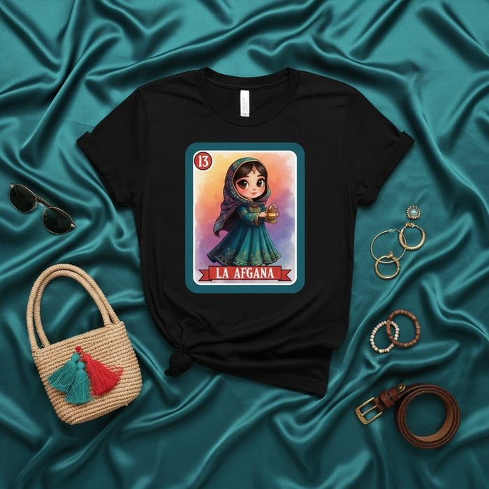 LA AFGANA Afghan Girl Loteria Card T-Shirt, Unisex Tee, Mexico Game Art Print, Number 13, Unique Cultural Graphic Shirt for Women and Men Mexicada