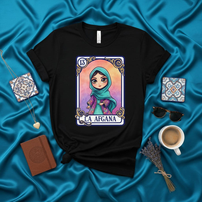 LA AFGANA Afghan Woman Loteria Card T-Shirt, Unisex Graphic Tee, Aesthetic Chibi Style Art, Cultural Gift, Vibrant Mexican Game Design, Number 13 Mexicada