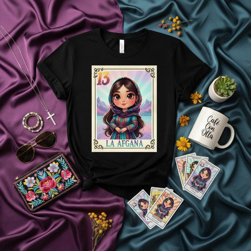 La Afgana Cute Chibi Girl Loteria Card T-Shirt Unisex Graphic Tee, Number 13 Mexican Bingo Game Design, Cultural Heritage Apparel Gift for Her and Him Mexicada
