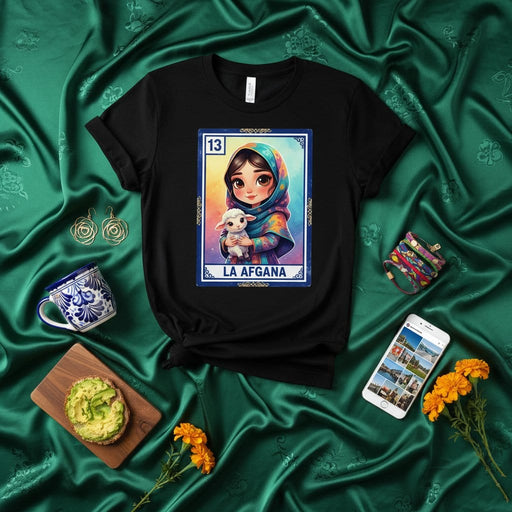 LA AFGANA Lotería Card 13 Unisex T-Shirt, Cute Afghan Girl with Lamb Design, Traditional Mexican Bingo Game Art Tee, Global Heritage Inspired Apparel Mexicada