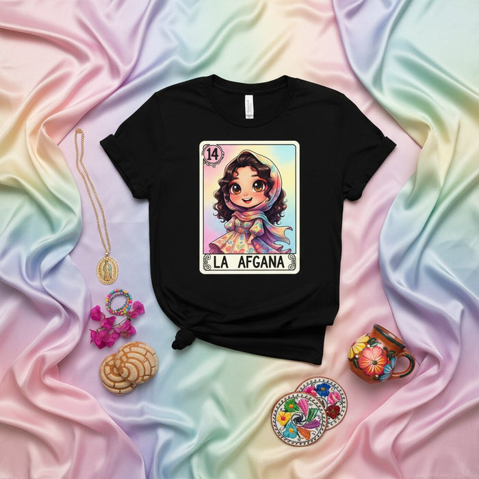 LA AFGANA Loteria Card Unisex T-Shirt - Cute Cartoon Afghan Girl Design, Mexican Bingo Game Inspired, Folk Art Style Tee, Number 14 Mexicada