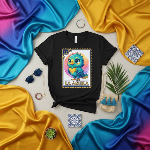 LA ÁGUILA Cute Eagle Loteria Card T-Shirt, Unisex Mexican Bingo Game Design Tee, Colorful Kawaii Bird Graphic Shirt, Latina Heritage Apparel Gift Mexicada
