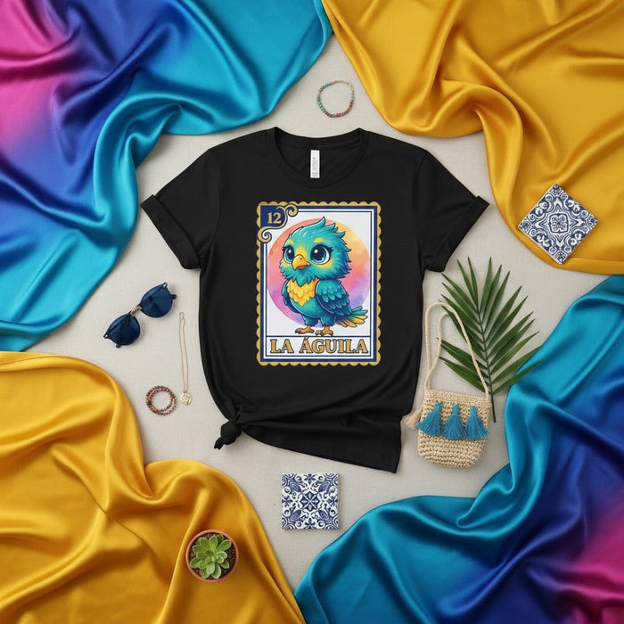 LA ÁGUILA Cute Eagle Loteria Card T-Shirt, Unisex Mexican Bingo Game Design Tee, Colorful Kawaii Bird Graphic Shirt, Latina Heritage Apparel Gift Mexicada
