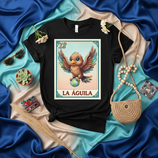 LA ÁGUILA Loteria Card T-Shirt Cute Cartoon Eagle with World Graphic, Mexican Bingo Style Unofficial Game Art Tee, Unisex Soft Casual Wear, Number 12 Design for Culture & Heritage Fans Mexicada