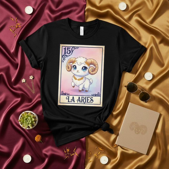 LA ARIES 15 Zodiac Sign Cute Chibi Ram Graphic T-Shirt | Pastel Kawaii Horoscope Astrology Loteria Card Style Unisex Tee | Aesthetic Aries Birthday Gift Shirt Mexicada