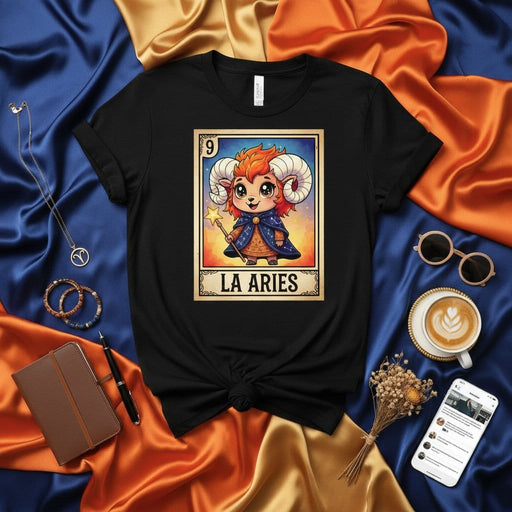 LA ARIES Cute Chibi Zodiac La Loteria Card T-Shirt, Graphic Tee Shirt for Women Men, Aries Birthday Gift Top, Mexican Bingo Style Apparel, Number 9 Tarot Inspired Design Mexicada
