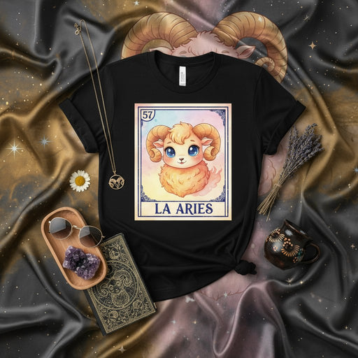 LA ARIES Cute Ram Sheep Loteria Card T-Shirt, Unisex Graphic Tee, Kawaii Zodiac Sign Shirt, Mexican Bingo Inspired Game Night Apparel Gift, Pastel Fantasy Astrology Aesthetic Clothing Mexicada