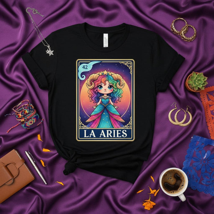 LA ARIES Zodiac Sign T-Shirt, Cute Kawaii Anime Girl Loteria Card Style Graphic Tee, Astrological Ram Horoscope Birthday Gift, Unisex Black Shirt, Number 42 Astrology Apparel Mexicada