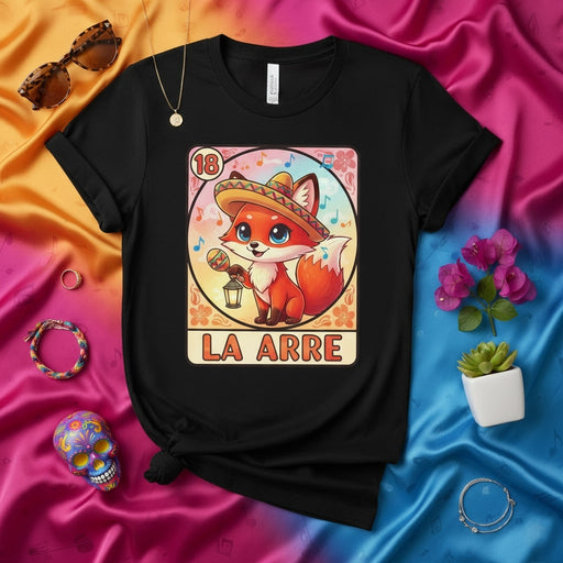 LA ARRE Cute Fox Mexican Sombrero Loteria Card Unisex T-Shirt - Fiesta Day of the Dead Sugar Skull Kawaii Style Graphic Tee for Men and Women, Number 18 Design Mexicada