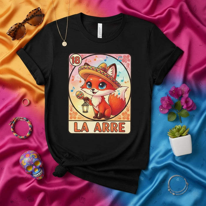 LA ARRE Cute Fox Mexican Sombrero Loteria Card Unisex T-Shirt - Fiesta Day of the Dead Sugar Skull Kawaii Style Graphic Tee for Men and Women, Number 18 Design Mexicada