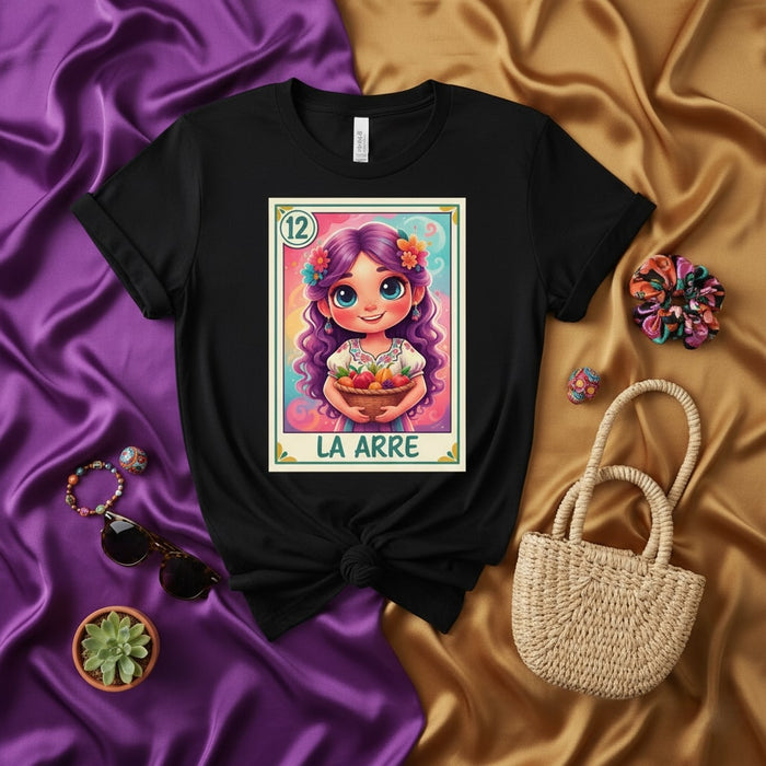 LA ARRE Cute Latina Girl Loteria Card T-Shirt, Mexican Bingo Style Graphic Tee, Purple Hair Basket of Fruit Design, Number 12 Traditional Game Art Print Mexicada