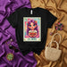 LA ARRE Cute Latina Girl Loteria Card T-Shirt, Mexican Bingo Style Graphic Tee, Purple Hair Basket of Fruit Design, Number 12 Traditional Game Art Print Mexicada
