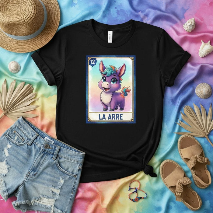 LA ARRE Cute Purple Donkey Burro Lotería Card 12 Unisex Graphic T-Shirt, Mexican Bingo Game Apparel, Colorful Kawaii Animal Art Top Mexicada