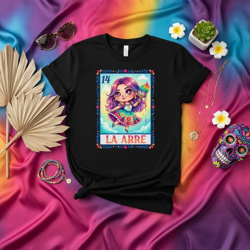 LA ARRE Loteria Card T-Shirt Cute Chibi Girl Rainbow Hair Graphic Tee Mexican Bingo Art Unisex Black Shirt Mexicada