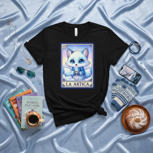 LA ÁRTICA Cute Arctic Fox Loteria Card Shirt, Winter Snow Animal Theme Unisex T-Shirt, Blue Eyes Fox Graphic Tee, Number 13 Mexican Bingo Game Design, Cozy Snowflakes Apparel Gift Mexicada