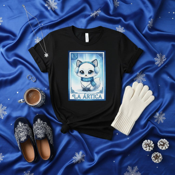 La Ártica Cute Arctic Fox Loteria Card Shirt, Winter Snow Animal Theme Unisex T-Shirt Gift for Him Her, Blue Scarf Earmuffs Tee Mexicada