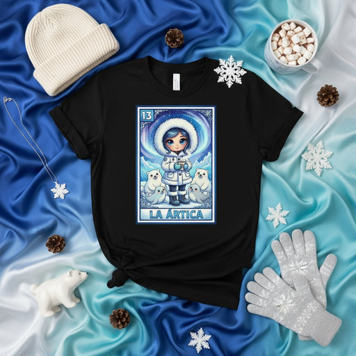 LA ÁRTICA Cute Chibi Girl Winter Seal Loteria Card 13 T-Shirt Arctic Blue Northern Lights Snowflakes Tee Unisex Gift for Her Him Mexicada