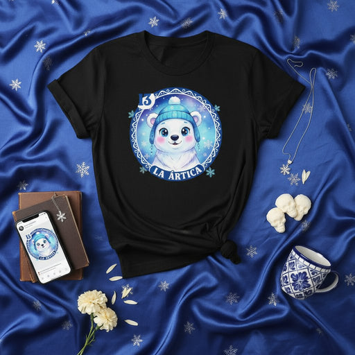 La Ártica Cute Polar Bear Winter Snowflakes Loteria Card Graphic T-Shirt, Unisex Black Tee, Christmas Holiday Gift Idea, Mexican Bingo Style Design, Cool Blue Beanie Hat Animal Character Print Mexicada