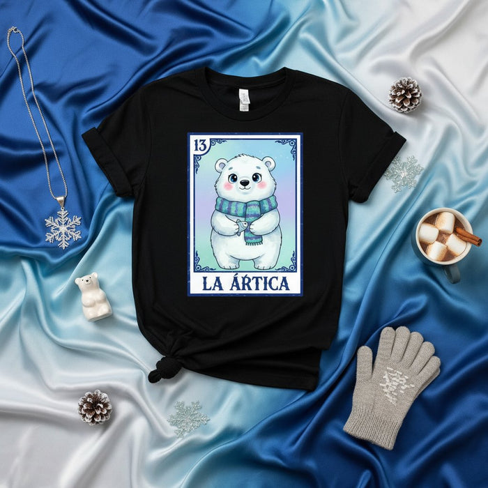 LA ÁRTICA Cute Polar Bear with Scarf Loteria Card Shirt, Number 13 Mexican Bingo Game Tee, Unisex Winter Holiday Animal Design T-Shirt Gift Mexicada